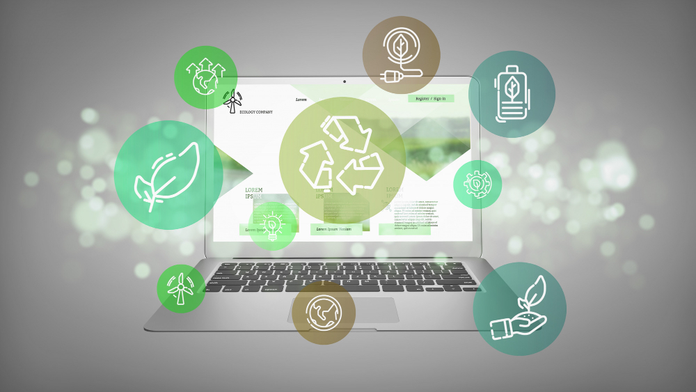 594Cloud of green ecology icon bubble with a laptop