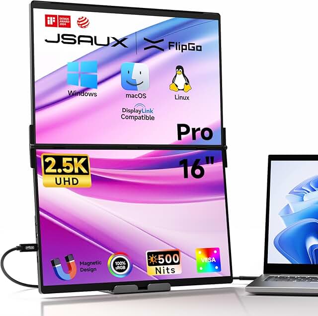 JSAUX FlipGo Pro 16 Dual Portable Monitors, 2.5K